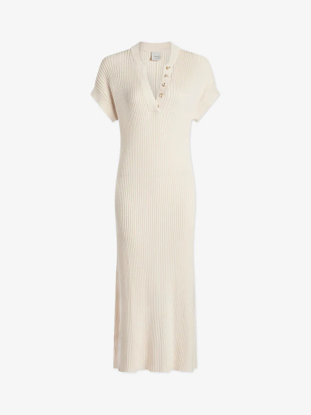 Soft cream ribbed knitted cotton dress with short grown on sleeves and notch neckline with aesthetic button details figure hugging