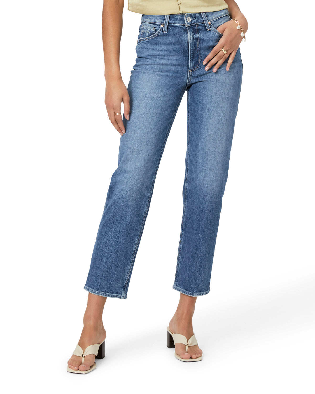 Ankle length straight cut high rise jeans in mid wash denim