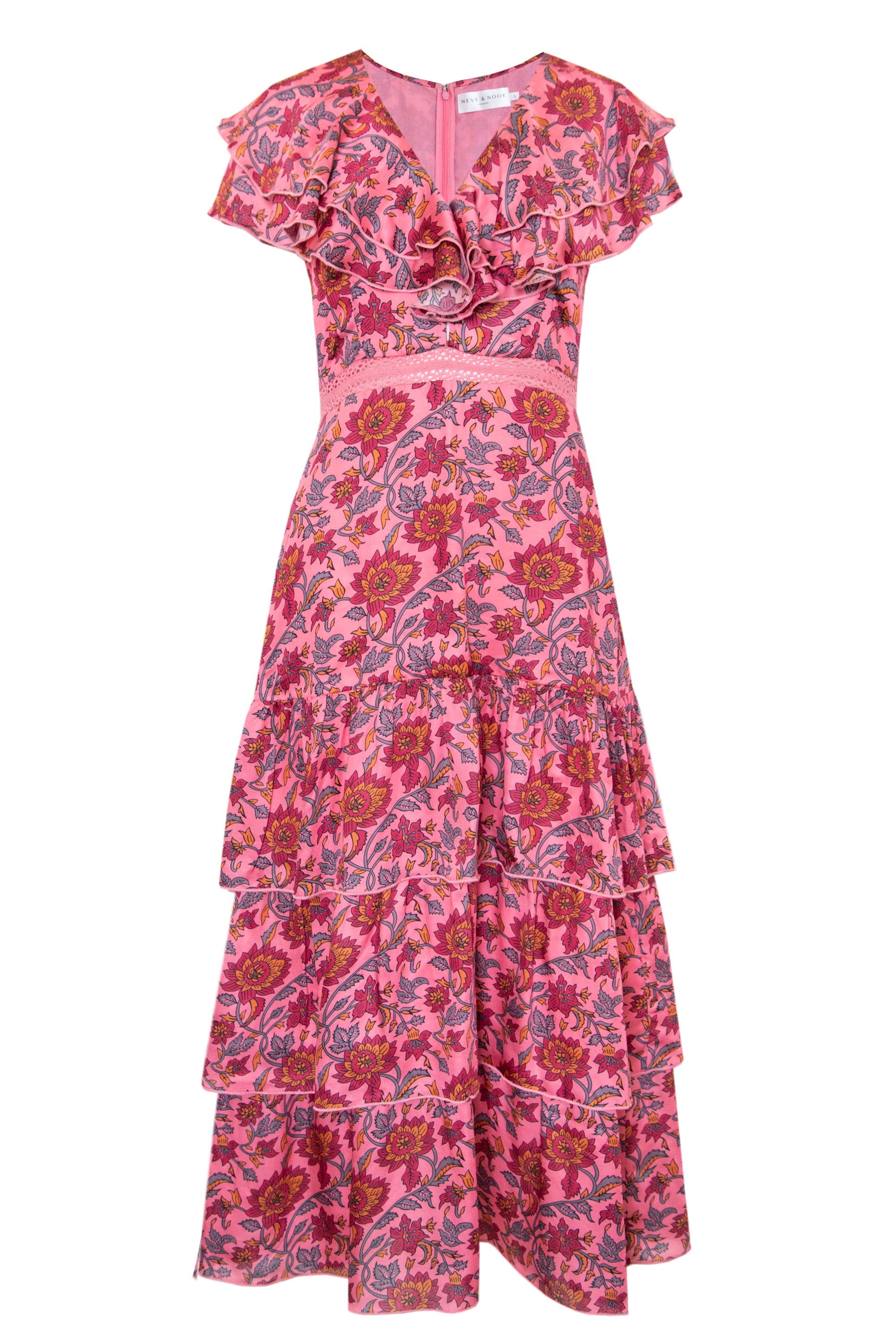 Pink ruffle midi dress with triple tiered skirt empire line and overall floral pattern
