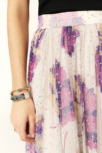 Tulle skirt in ecru with purple floral print and all over iridescent gems
