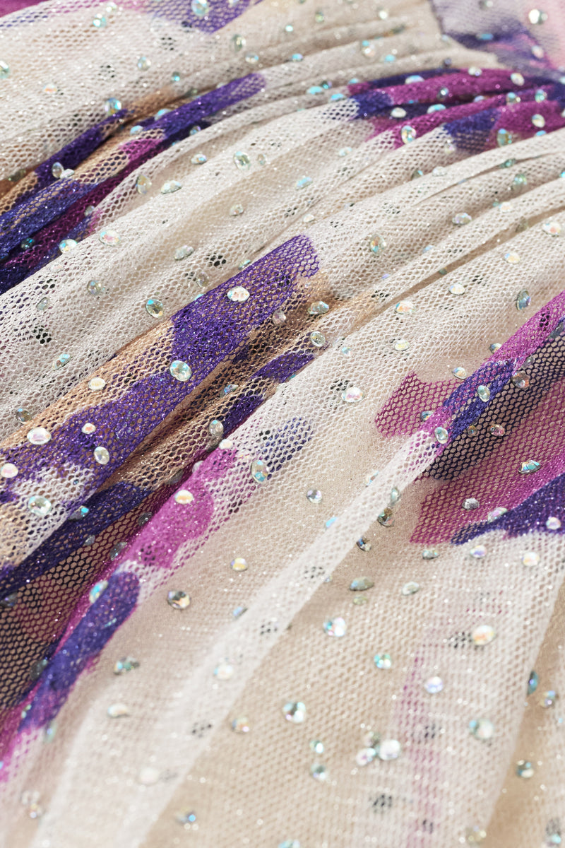 Tulle skirt in ecru with purple floral print and all over iridescent gems