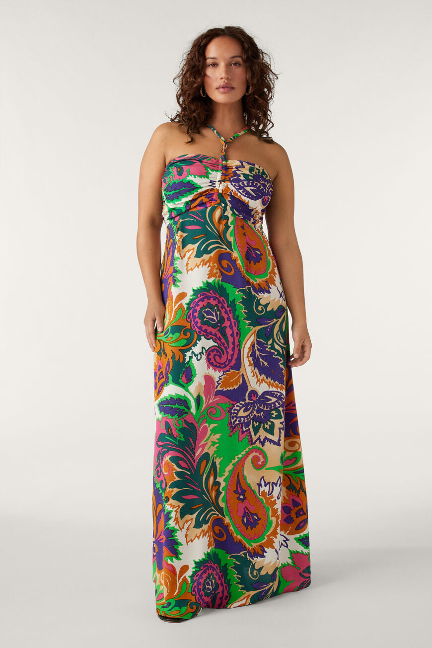 Paisley maxi dress with green orange purple and pink with bustier cut and drawstring necktie