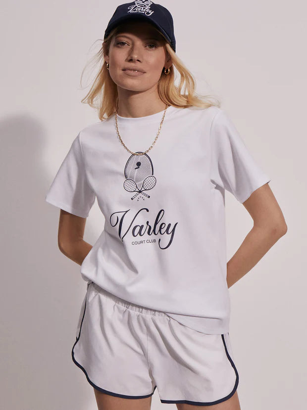 White crew neck tee with "Varley court club" on the front and tennis logo