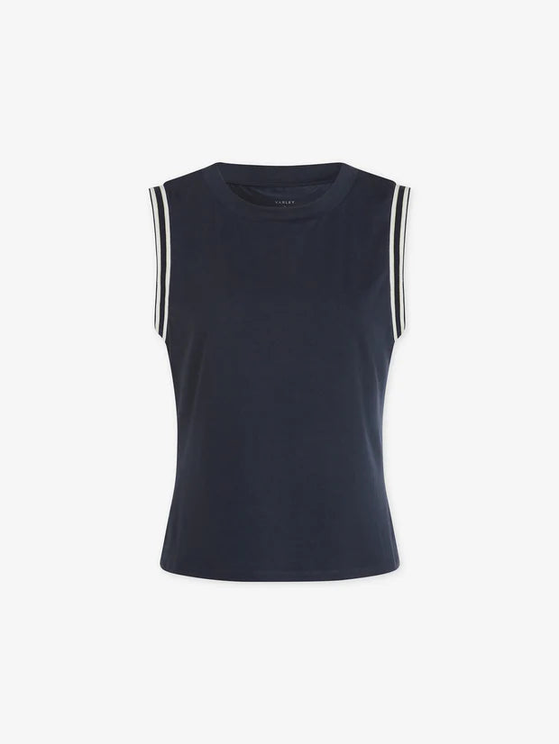 Navy tank with crew neck and elasticated arm hole trim with stripes