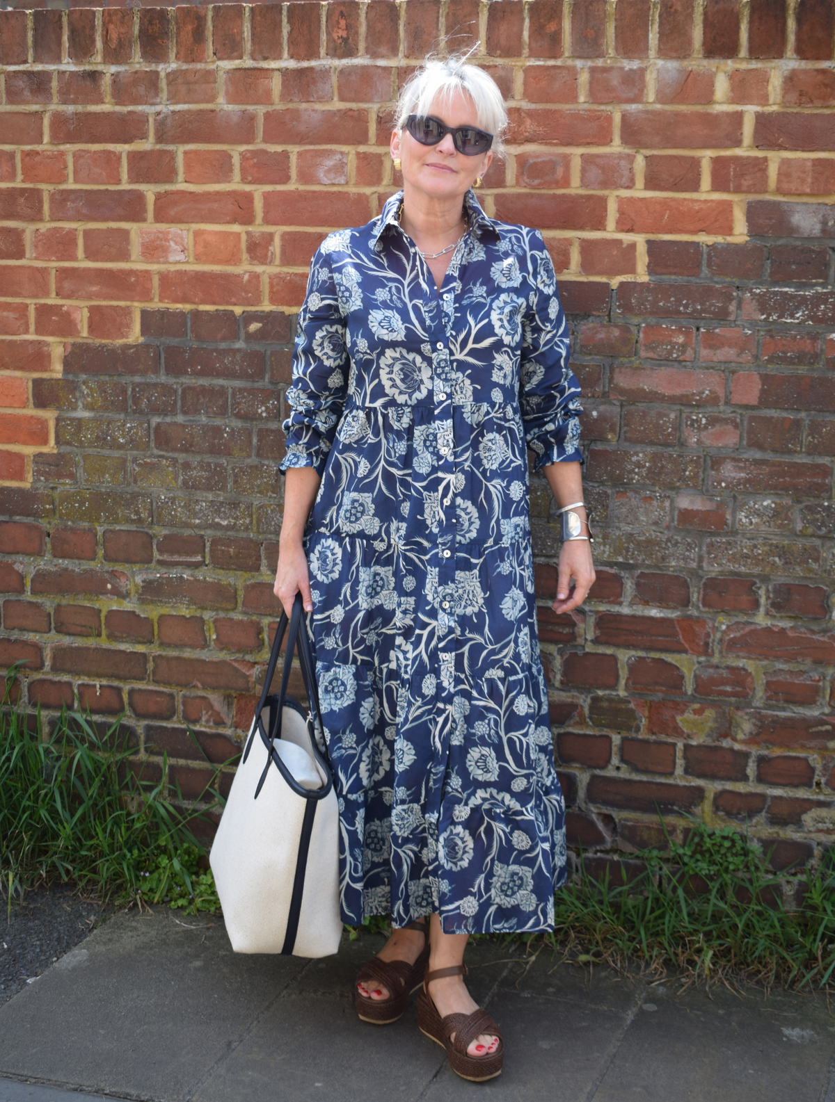 Navy shirt dress with white floral print 