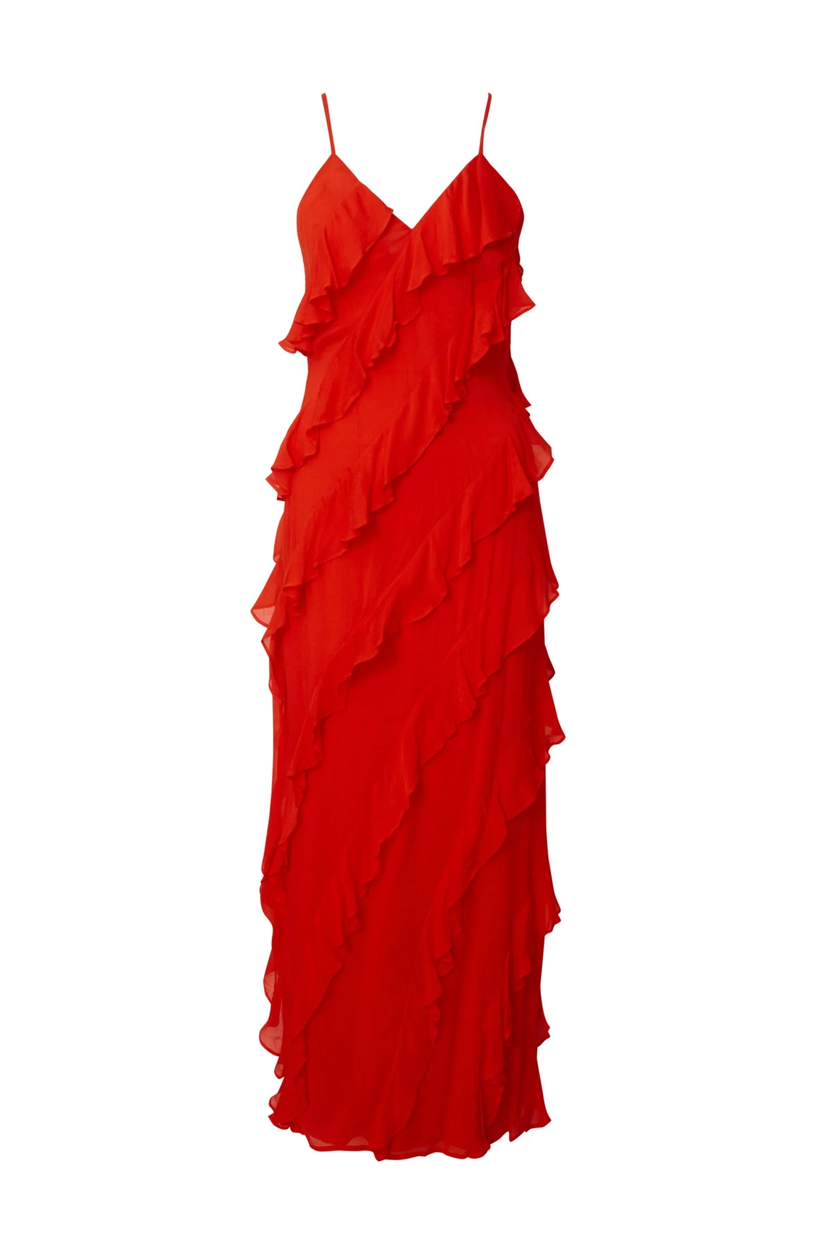 Orangey red diagonal frill strappy dress with V neckline