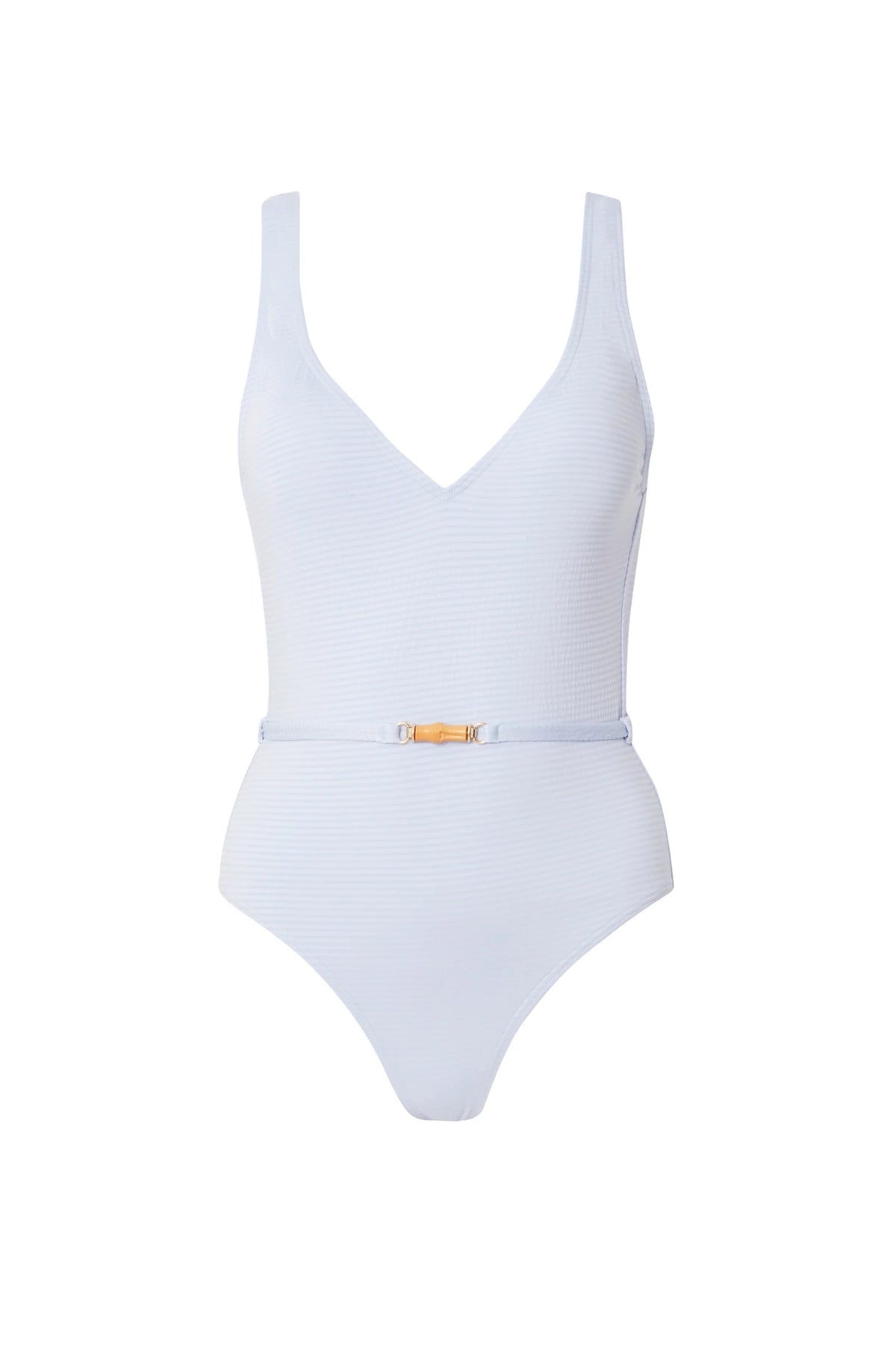 Baby blue V neck and back swimsuit in textured fabric with tie straps and belt