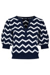 Navy short sleeved knitted jumper with half placket and white chevron throughout