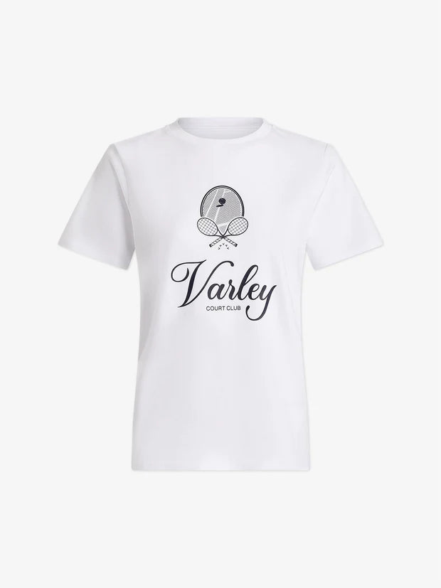 White crew neck tee with "Varley court club" on the front and tennis logo