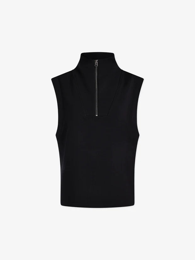 Black sleeveless tank with turtleneck and half silver zip fastening