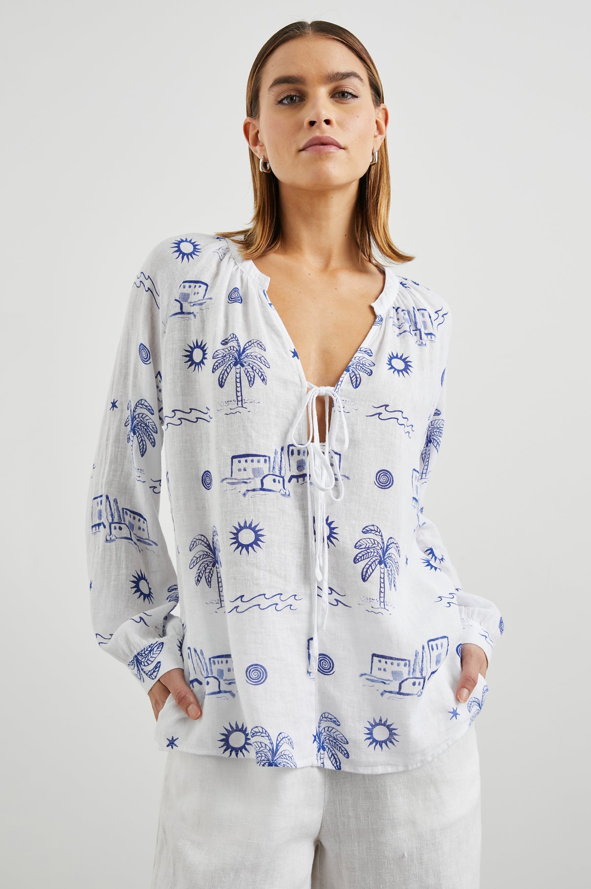 White shirt with blue sketch print