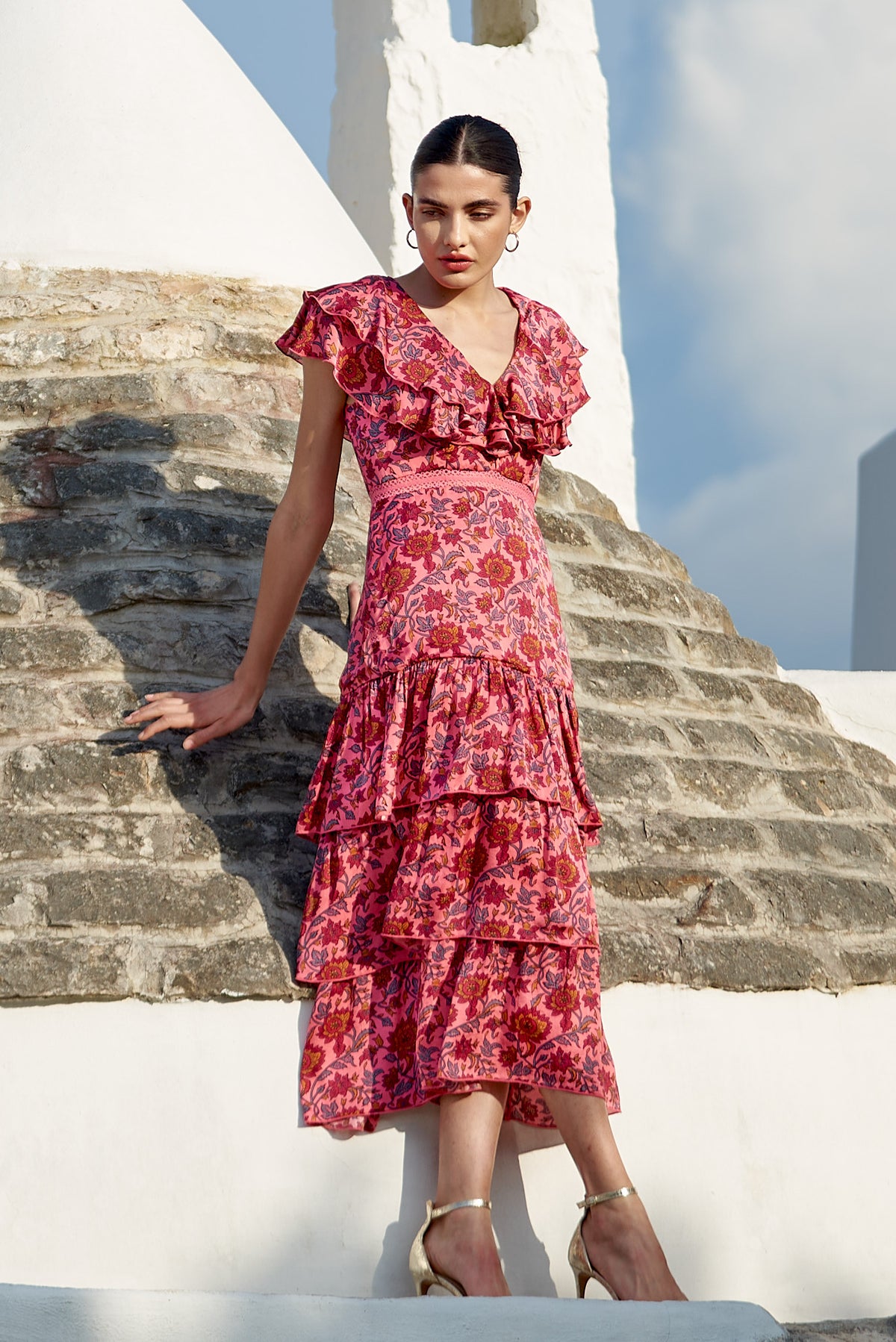 Pink ruffle midi dress with triple tiered skirt empire line and overall floral pattern
