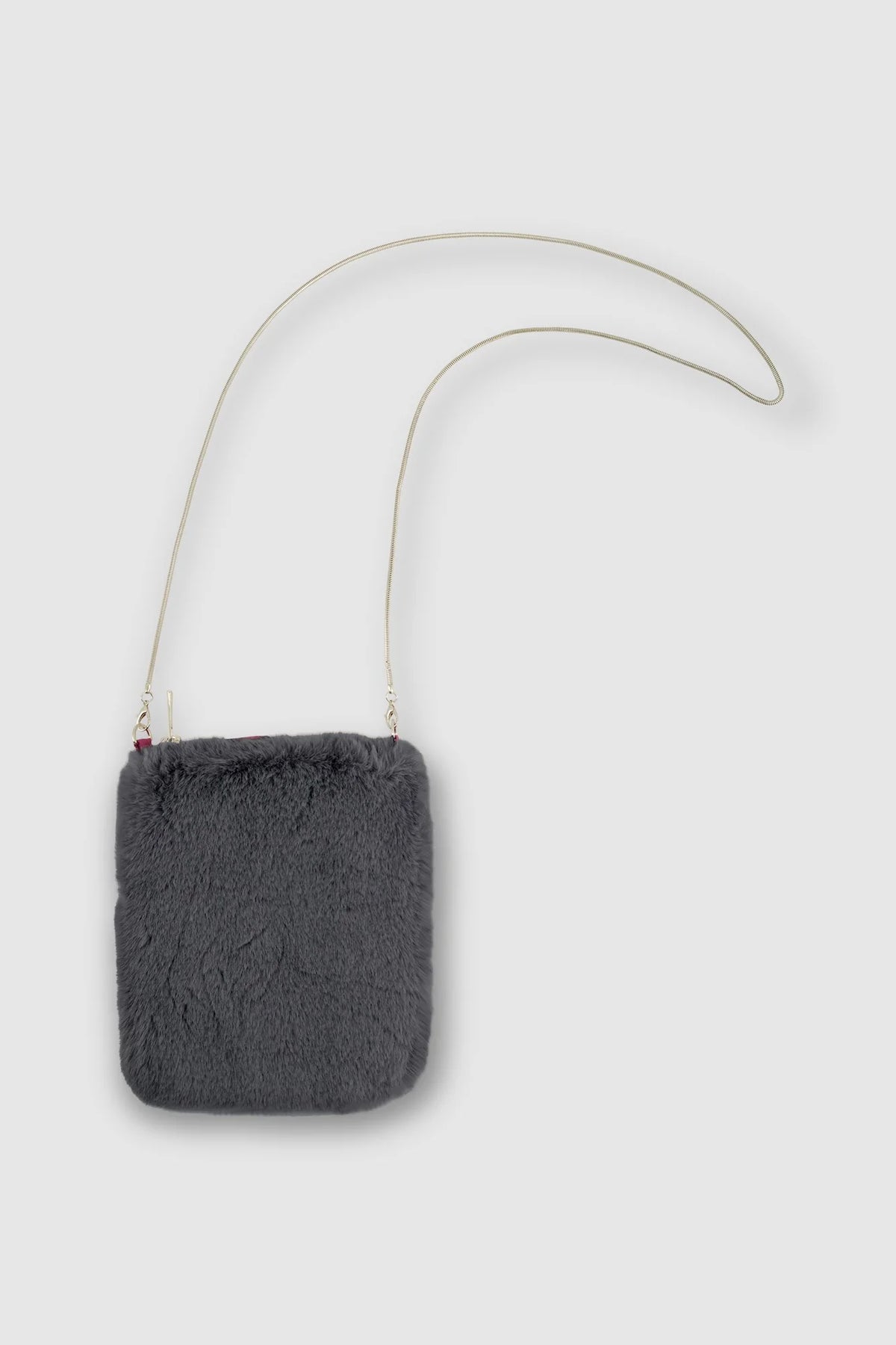 Small grey faux fur shoulder bag with silver metallic cord detachable strap
