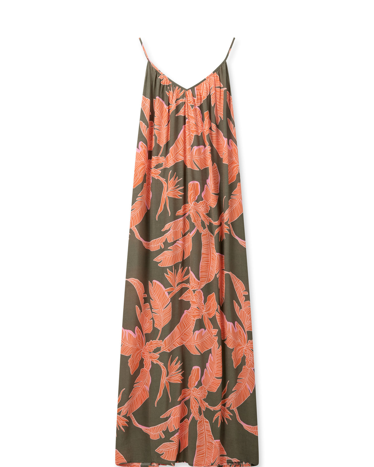 Khaki V neck summer dress with orange and pink palm tree leaf print