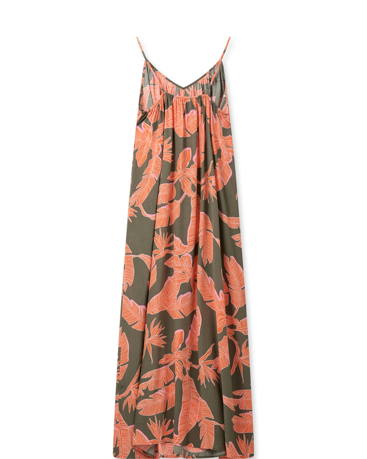 Khaki V neck summer dress with orange and pink palm tree leaf print