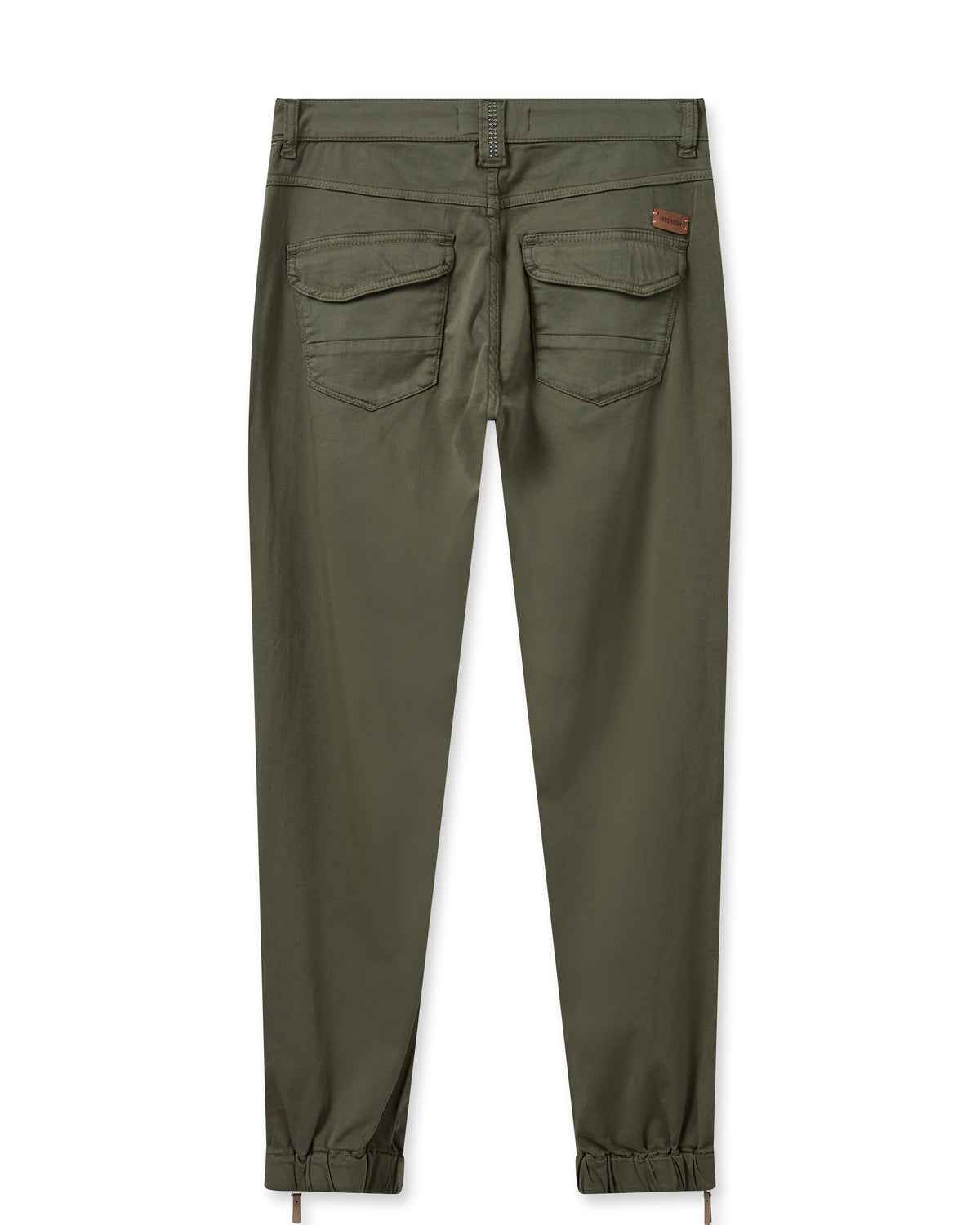 Khaki jogger style cargo trousers with elasticated ankles and zip fastenings
