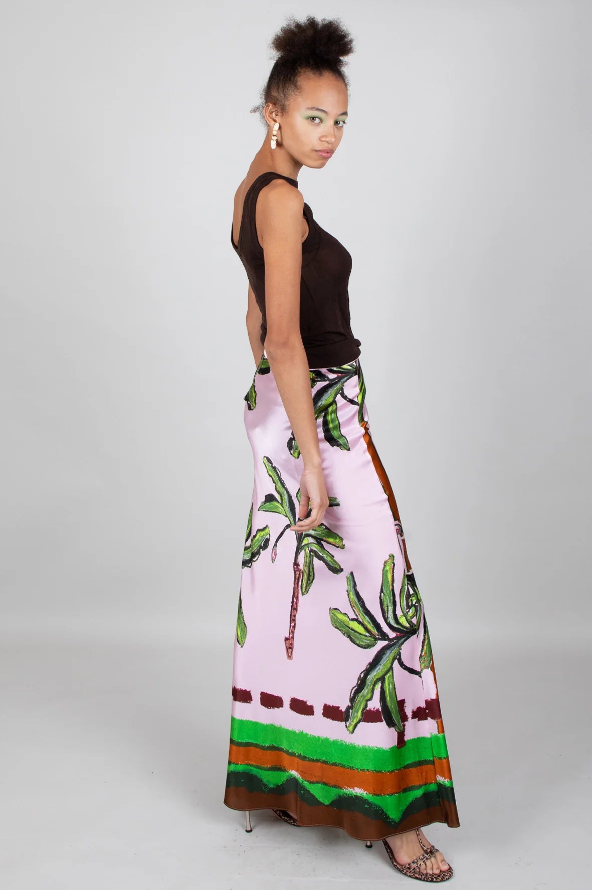Silk slip skirt with hand painted palm tree design
