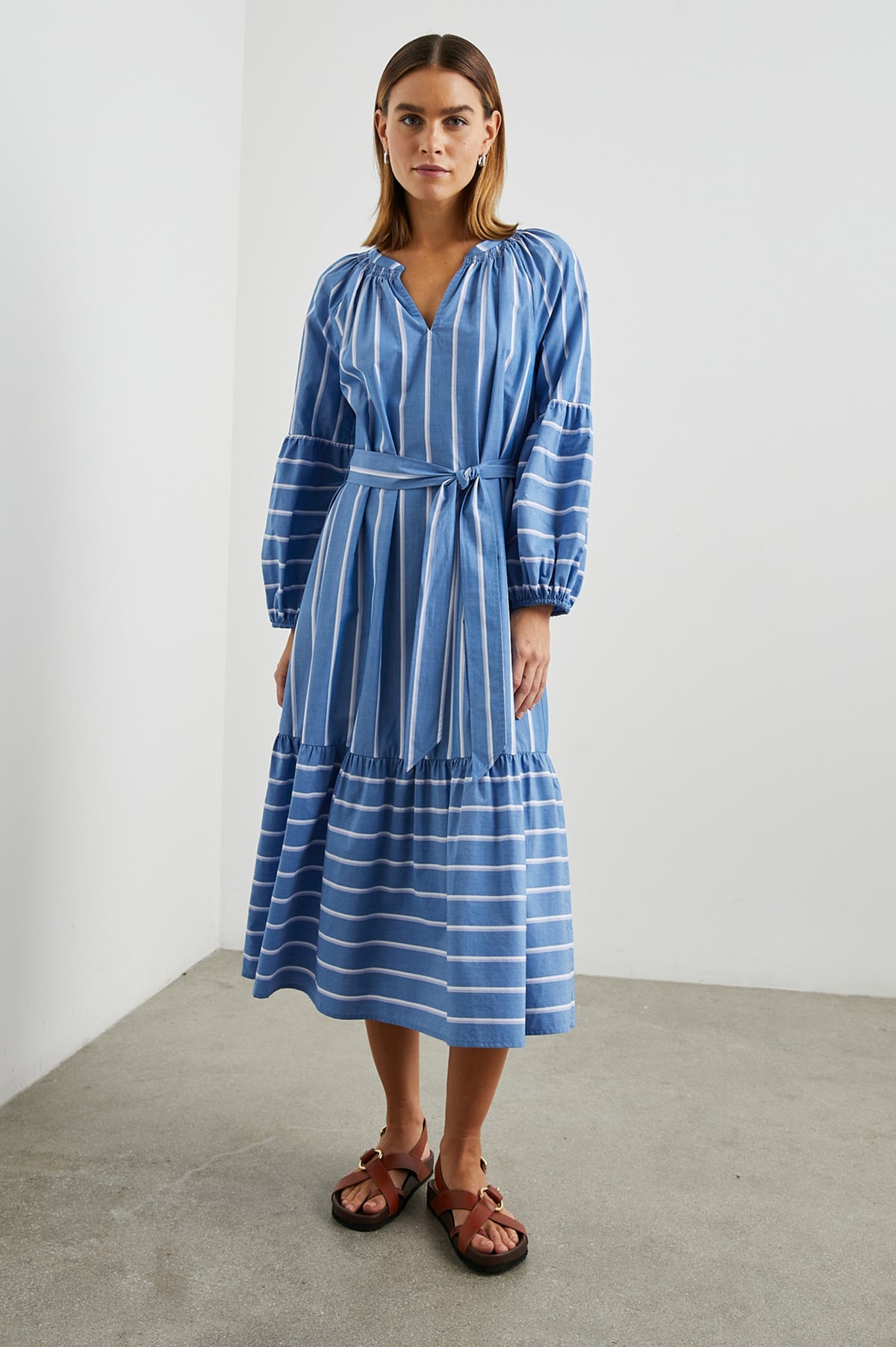 Blue and white stripe midi cotton dress