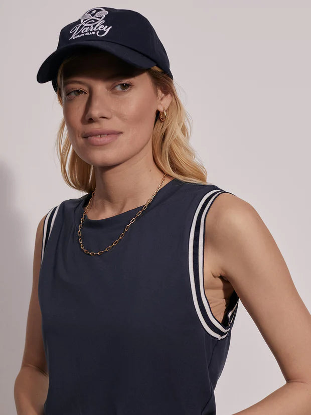 Navy tank with crew neck and elasticated arm hole trim with stripes