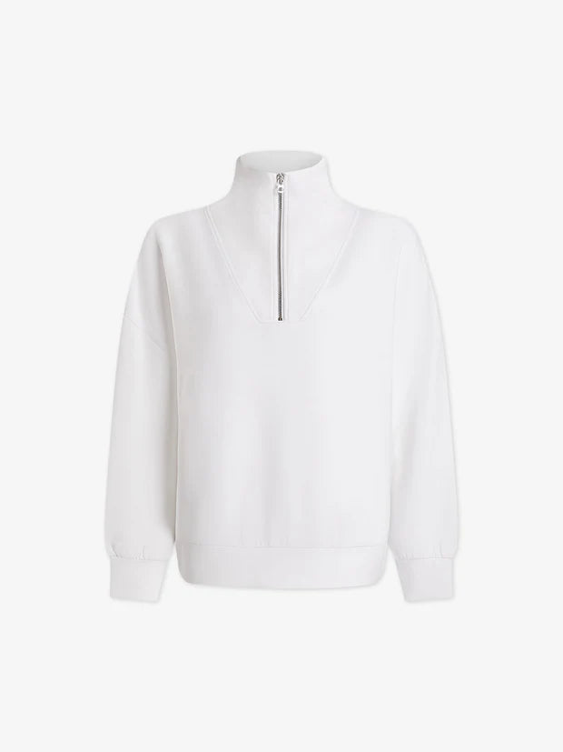 White half zip doublesoft sweatshirt with silver hardware and turtleneck