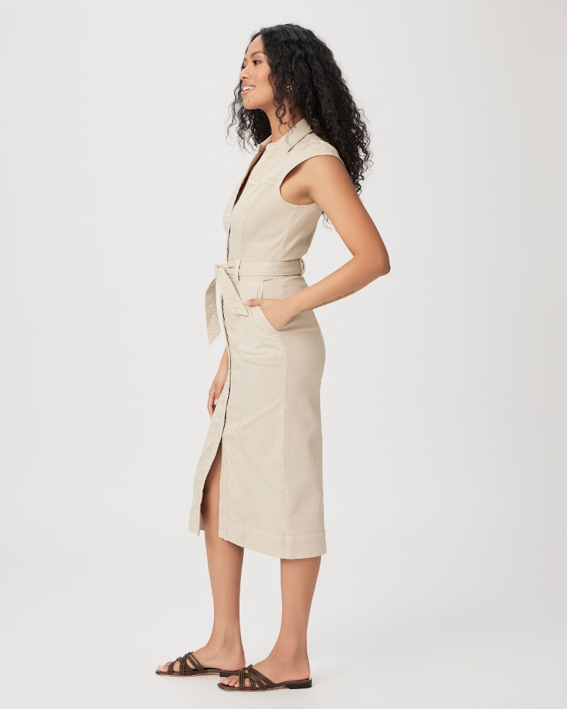 Sand midi fitted denim dress with full length button fastening classic collar and fabric self tie belt