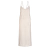 Oatmeal coloured linen strappy dress with V neckline midi length and elasticated back panel
