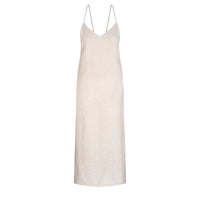 Oatmeal coloured linen strappy dress with V neckline midi length and elasticated back panel