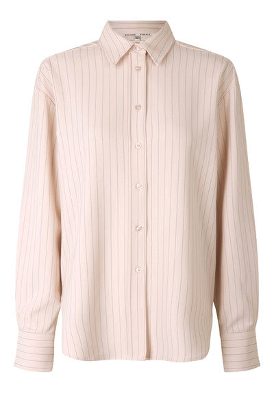 Pink and grey pinstripe medium weight shirt with classic collar and long sleeves