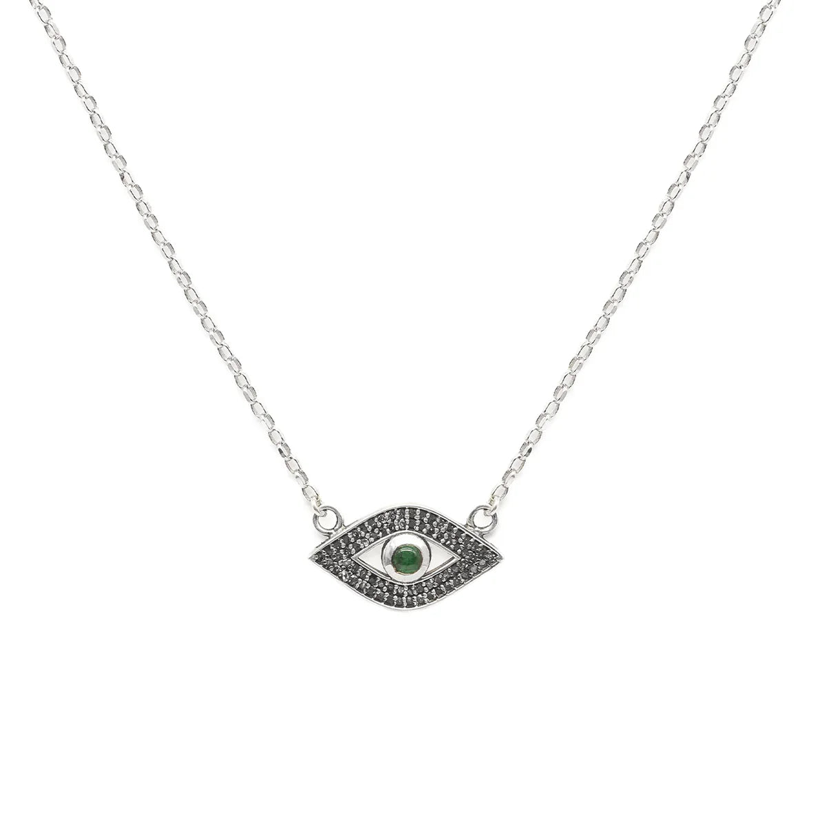 White gold emerald and pave diamond evil eye necklace
