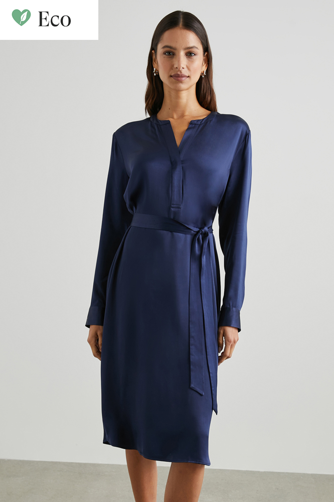 Navy straight satin dress with long sleeves