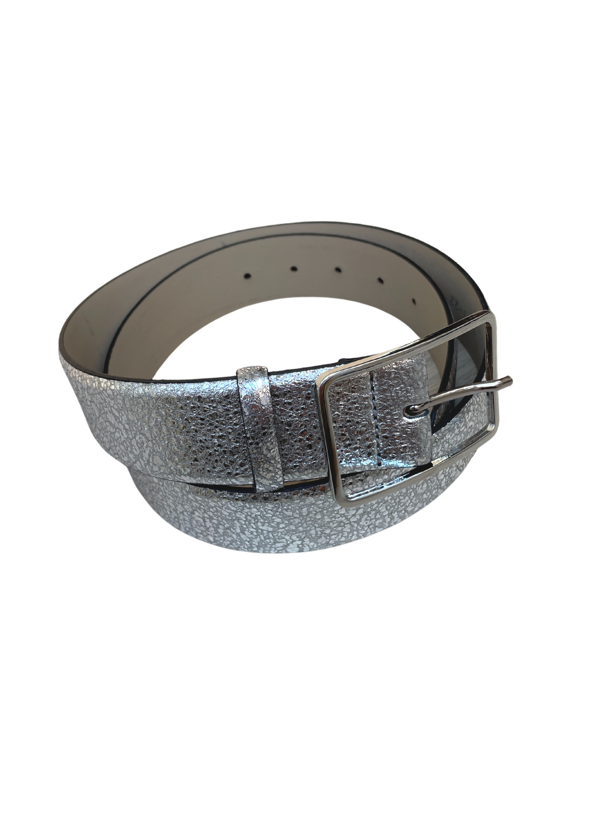  Metallic silver crackle soft leather belt with square silver buckle.