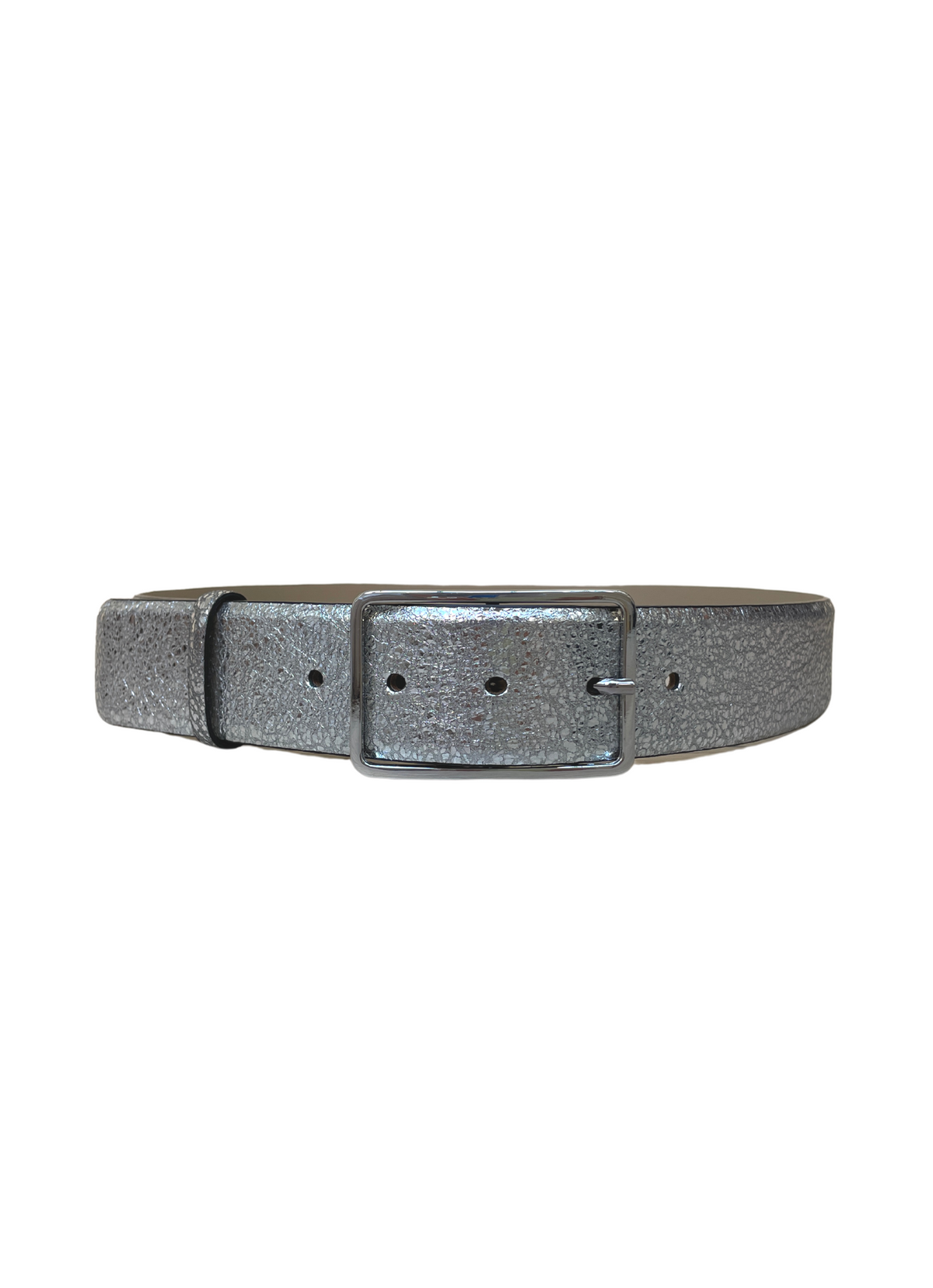Metallic silver crackle soft leather belt with square silver buckle.