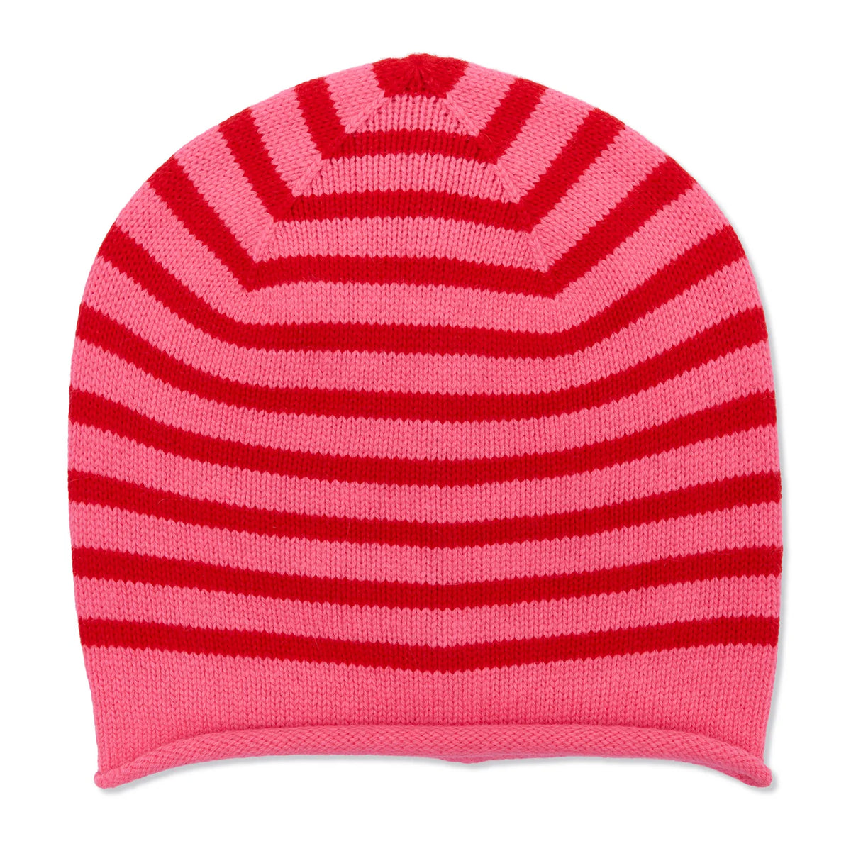 Pink and red stripe cashmere beanie with rolled hem