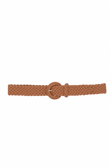 tan woven belt with round buckle 
