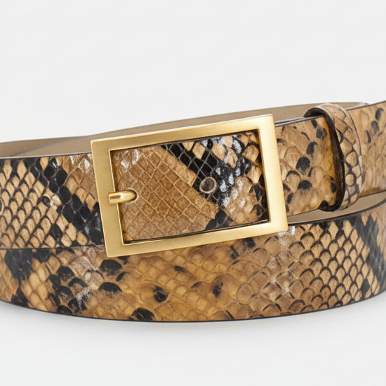 tan python leather belt with silver rectangular buckle from abro