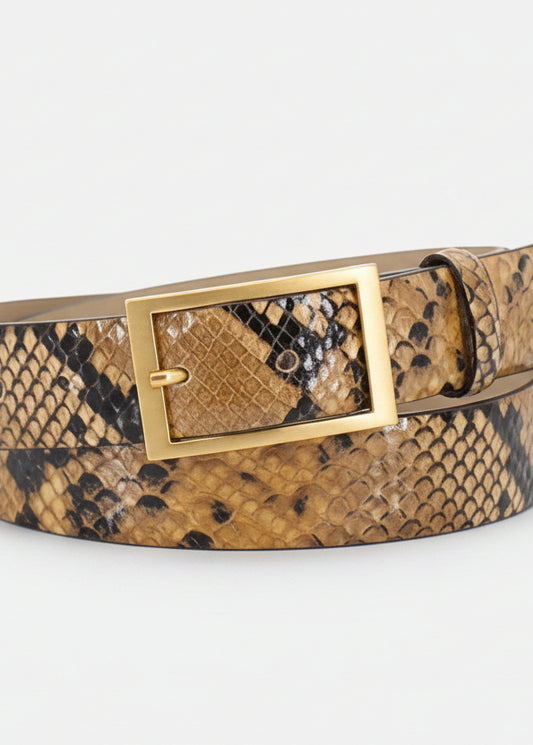 tan python leather belt with silver rectangular buckle from abro