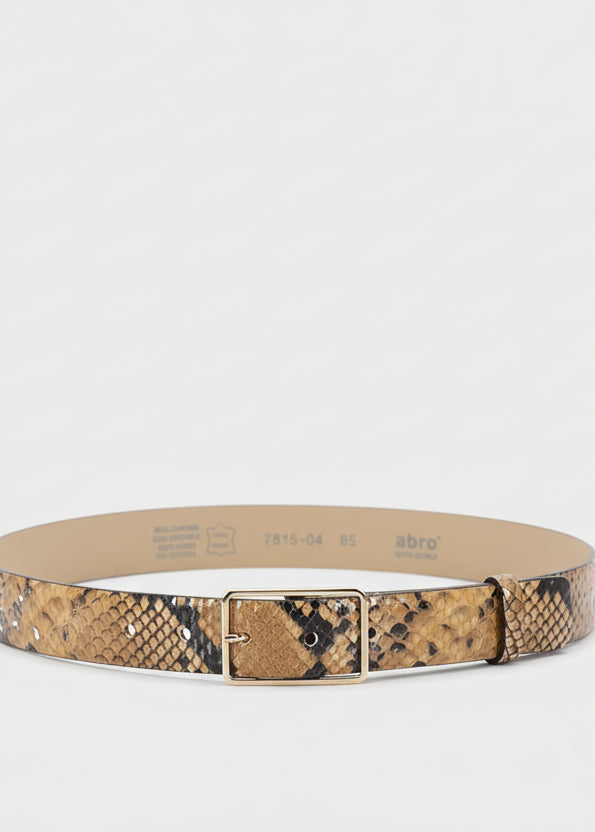 tan python leather belt with silver rectangular buckle from abro
