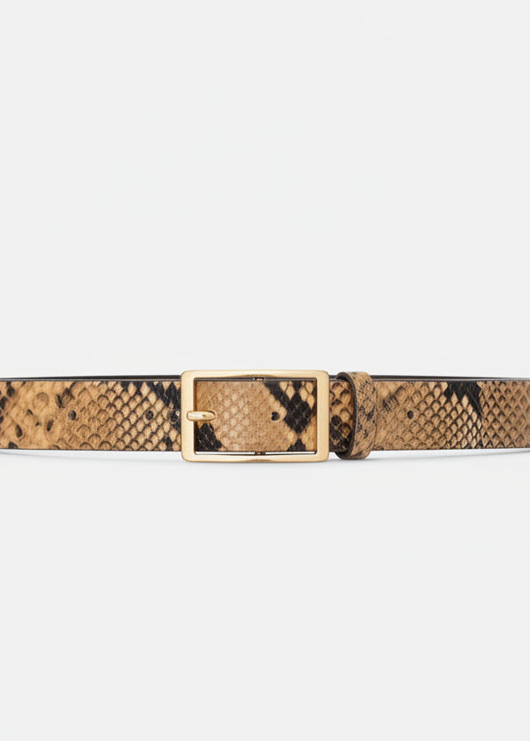 tan python leather belt with silver rectangular buckle from abro