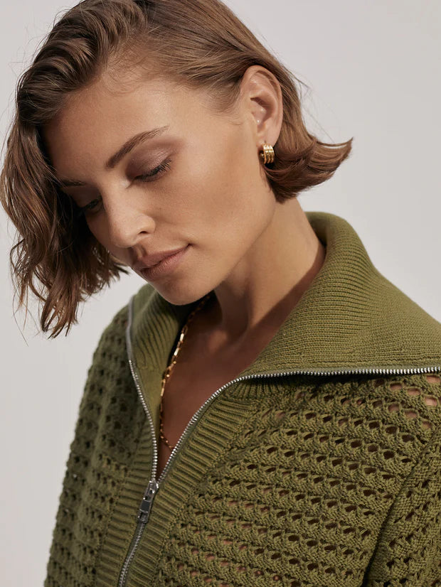 Khaki green zip through knitted cardigan with silver zip and pointelle knitted stitching throughout