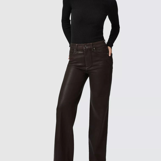 chocolate brown luxe coating wide leg high rise jeans from paige model shot