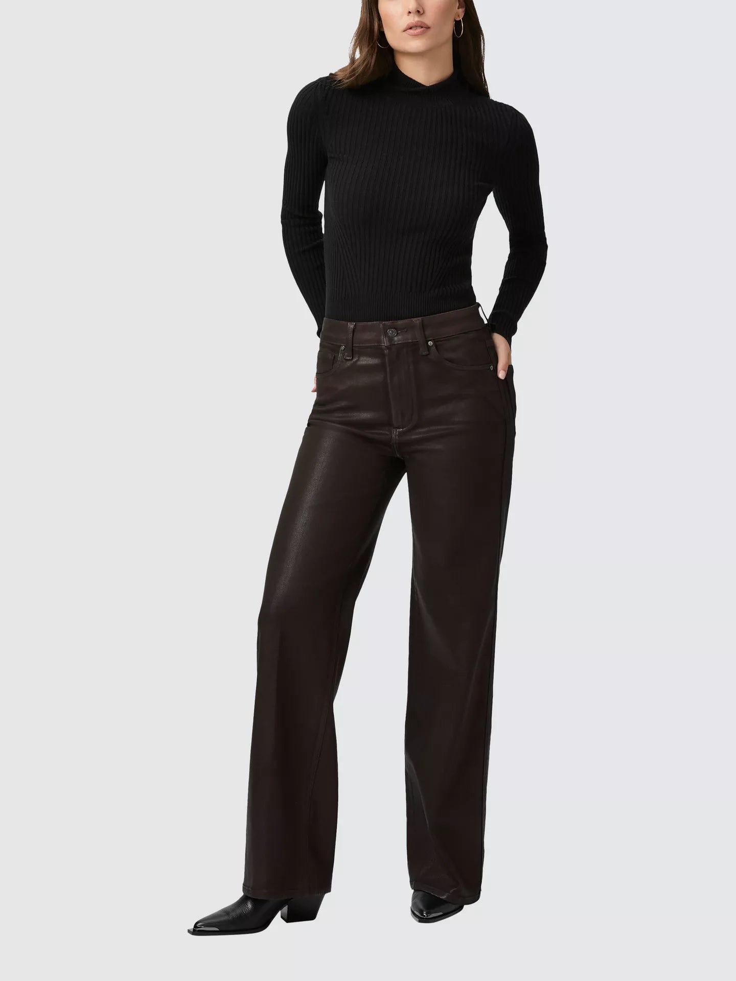 chocolate brown luxe coating wide leg high rise jeans from paige model shot