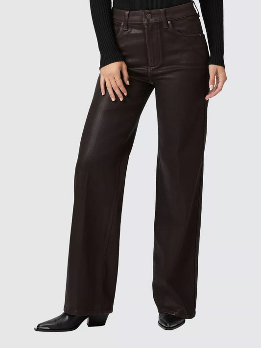 chocolate brown luxe coating wide leg high rise jeans from paige