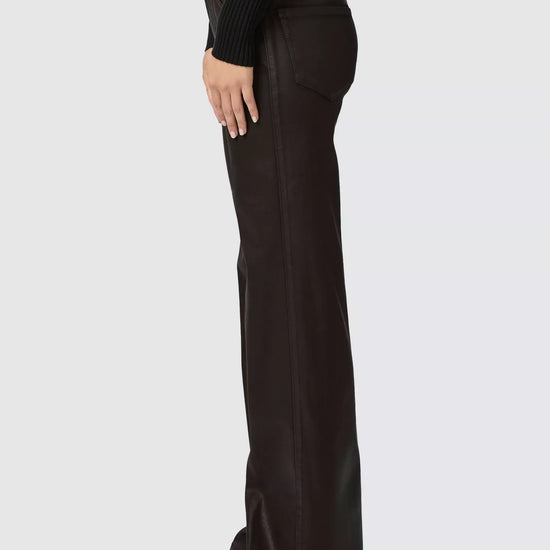 chocolate brown luxe coating wide leg high rise jeans from paige side view