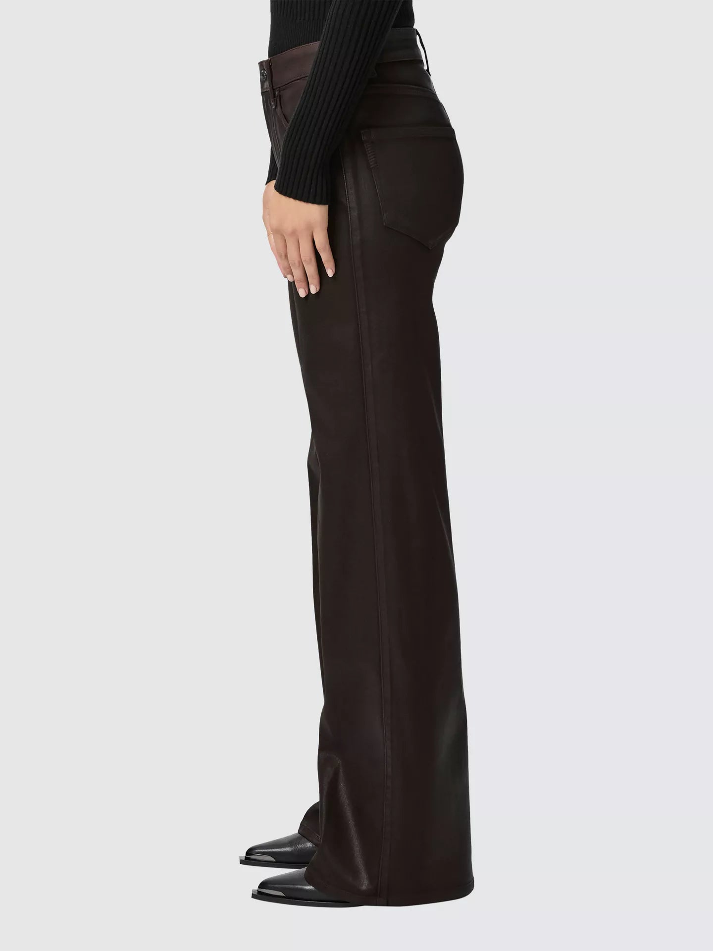 chocolate brown luxe coating wide leg high rise jeans from paige side view