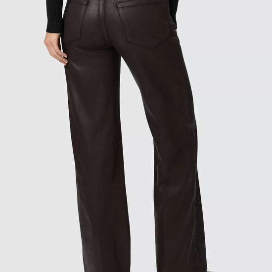 chocolate brown luxe coating wide leg high rise jeans from paige rear view