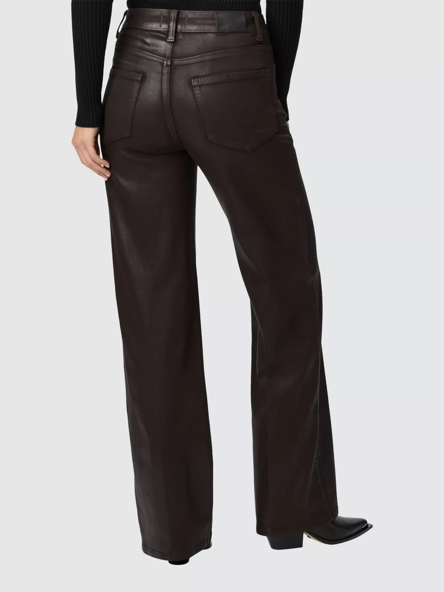 chocolate brown luxe coating wide leg high rise jeans from paige rear view