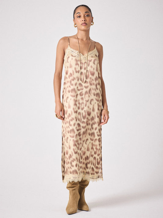 leopard print silky spaghetti strap dress with lace detail 