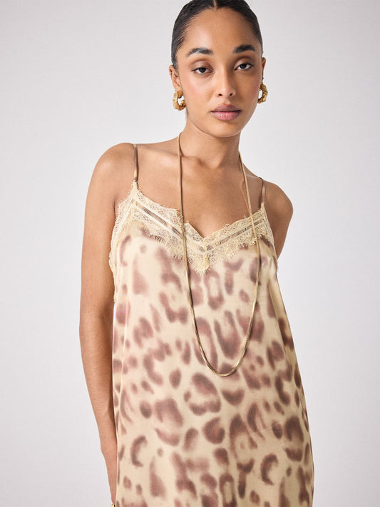 leopard print silky spaghetti strap dress with lace detail close up