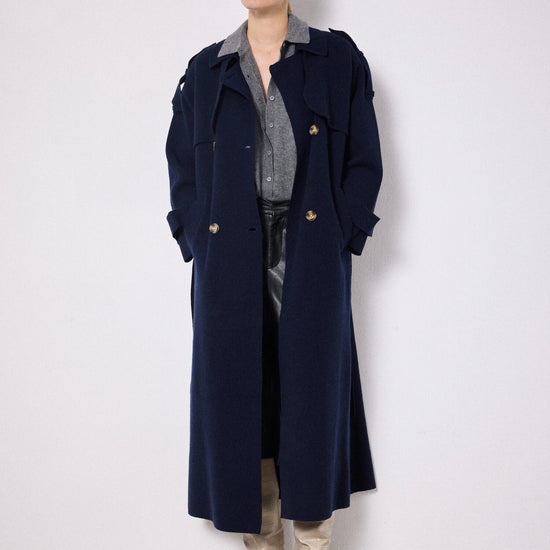 Marino wool navy trench coat on model