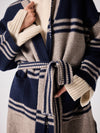 Stripe knit cardigan in navy and beige with tie belt close up